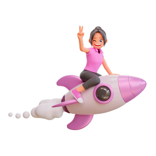 istock 3d illustration cute girls is flying on a rocket 1449737483