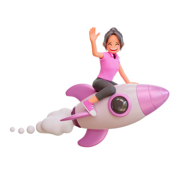 istock 3d illustration cute girls is flying on a rocket 1449737486
