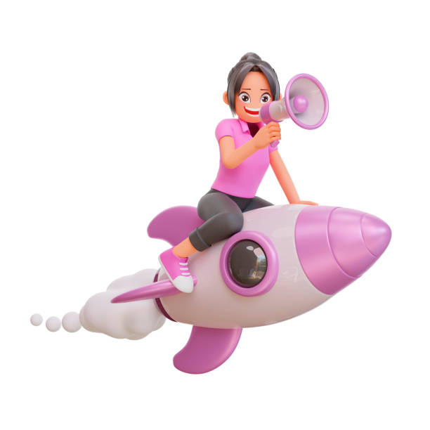 istock 3d illustration cute girls is flying on a rocket 1449737488