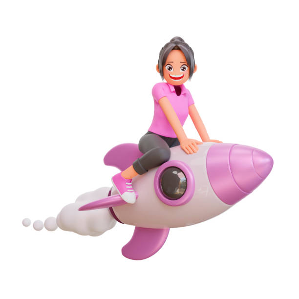 istock 3d illustration cute girls is flying on a rocket 1449737490