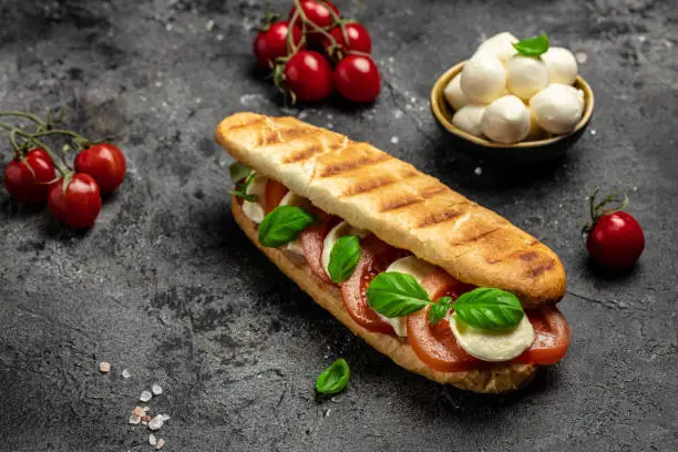 Pressed and toasted panini caprese with tomato, mozzarella and basil, Caprese Panini Sandwich. Delicious breakfast or snack, Clean eating, dieting, vegan food concept. top view.