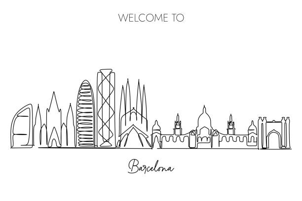 ilustrações, clipart, desenhos animados e ícones de skyline de barcelona uma linha contínua desenho no fundo branco, design de estilo desenhado à mão para ilustração de viagens e turismo - metropolis building