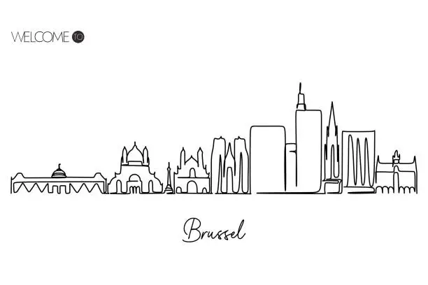 Vector illustration of Brussel city skyline line drawing World Famous tourism destination. Simple hand drawn style design for travel and tourism promotion campaign