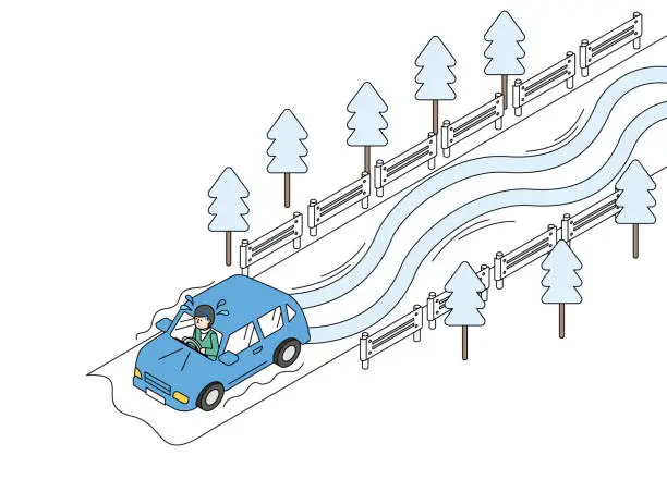 Vector illustration of Isometric illustration of a car slipping on a snowy road
