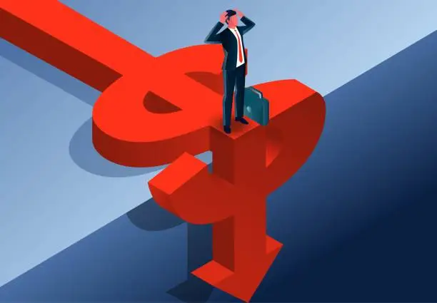 Vector illustration of Falling or declining business, recession, financial crisis, inflation, declining business or investment losses, falling prices, isometric frustrated businessmen standing on the edge of the falling arrow dollar sign