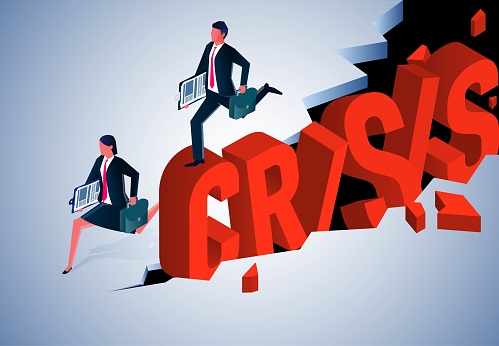 Isometric crisis strikes causing business people to panic and flee, financial crisis or wave of unemployment, risk aversion, investors pulling out or selling all assets, the concept of business finance or professional employment