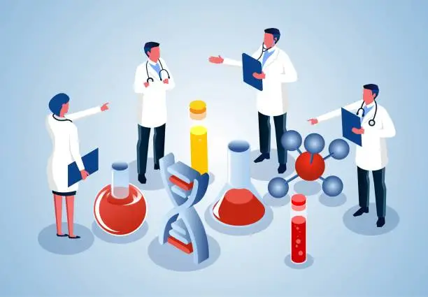 Vector illustration of Medical, pharmaceutical, medical research, medical technology and DNA, isometric medical team members get together to talk and analyze