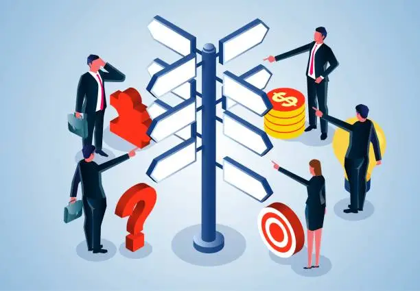 Vector illustration of Business choices and decisions, decisions on job search or career development or business development goals and directions, finding the right business path and opportunities, a group of businessmen analyzing and choosing