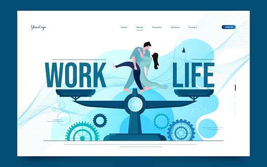 Work and life balance. Tiny people keep harmony choose between career and money versus love and time, leisure or business. Modern flat cartoon style. Vector illustration
