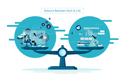 Work and Home Balance Concept. Tiny Characters Balancing on Huge Scales with Basic Values. Woman Separated on Two Halves stock illustration