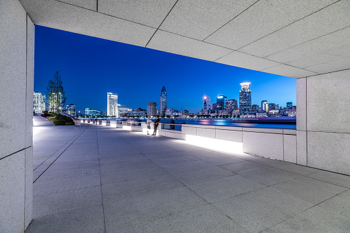 Empty square floors and modern city skyline with buildings in Shanghai, China.