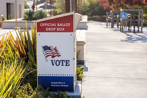 High quality stock photo of an outdoor drop-off ballot box for ballots filled out at home.