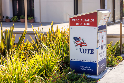 High quality stock photo of an outdoor drop-off ballot box for ballots filled out at home.