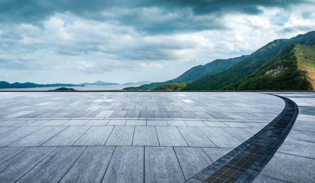 Empty floor and mountain with sea background