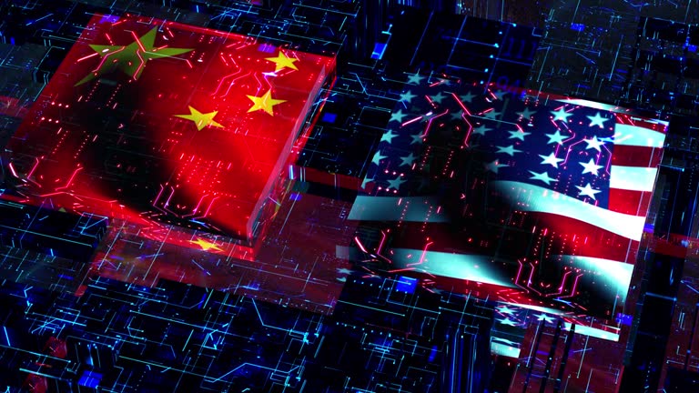 processor unit, chip war. processing information inside technological environment. usa flag. china flag.