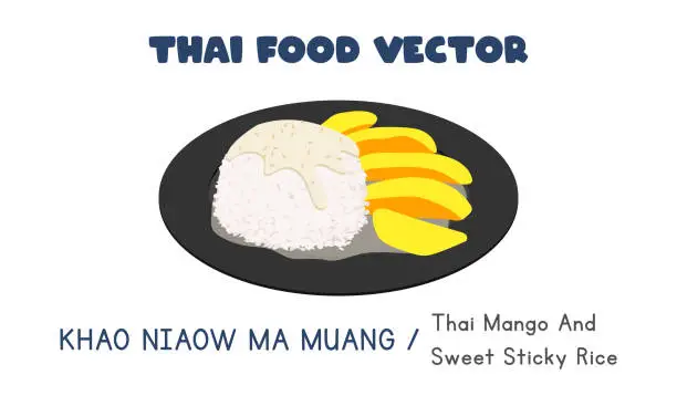 Vector illustration of Thai Khao Niaow Ma Muang - Thai Mango and Sweet Sticky Rice and Coconut Milk flat vector clipart cartoon. Asian food. Thai cuisine. Thai local food