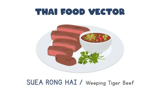 Vector illustration of Thai Suea Rong Hai - Crying Tiger Beef or Weeping Tiger Beef flat vector clipart cartoon. Asian food. Thai cuisine. Thai local food