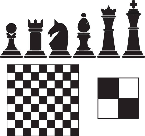 체스 게임 아이콘 세트, 흑백 체스 판 조각 폰, 루크, 말, 코끼리, 장관과 왕 - chess playing field stock illustrations