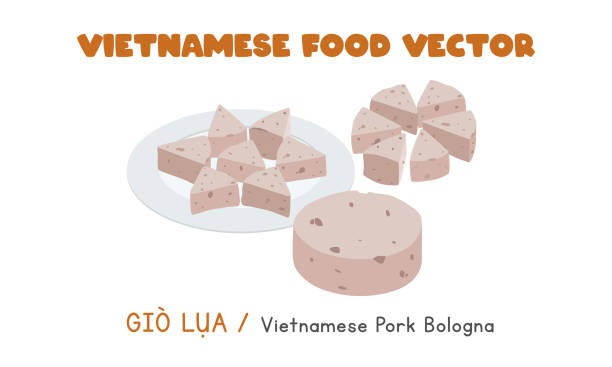 ilustraciones, imágenes clip art, dibujos animados e iconos de stock de bolonia de cerdo vietnamita o salchicha de cerdo diseño vectorial plano. cha lua, gio lua estilo de dibujos animados clipart . comida asiática. cocina vietnamita - pork chop illustrations