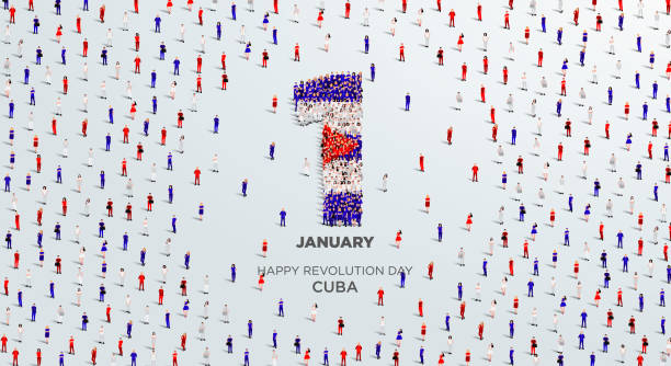 ilustrações de stock, clip art, desenhos animados e ícones de happy revolution day cuba design. a large group of people form to create the number 1 as cuba celebrates its revolution day on the 1st of january. vector illustration. - 1950 1959
