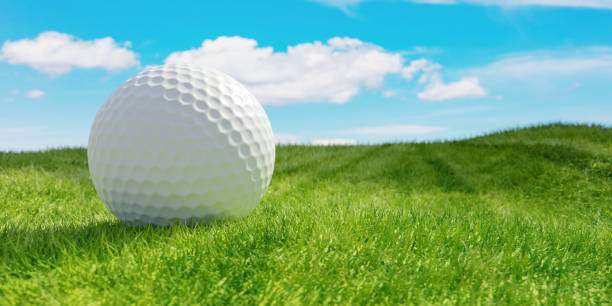 istock Golf ball on sport course, close up view. Green grass and blue sky. 3d 1449771591