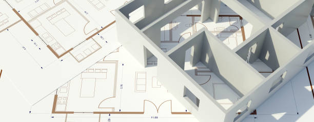 istock Architecture design drawings, building model on blueprint floor plan, house construction. 3d 1449771613