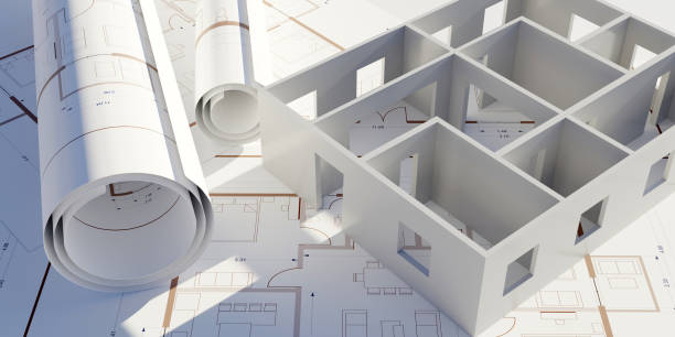 istock Architecture design drawings, building model on blueprint floor plan, house construction. 3d 1449771616