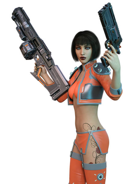 istock futuristic warrior, attractive girl with gun in a orange suit, 3d rendering 1449774412