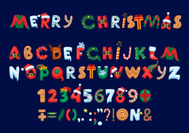 크리스마스 글꼴 또는 유형, 만화 휴일 서체 - cookie letter illustrations stock illustrations