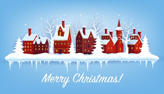 Christmas winter snowy town, winter holiday houses in snow, vector background. Merry Christmas holiday greeting card with village town and Xmas trees, snowfall snowflakes and frozen icicles