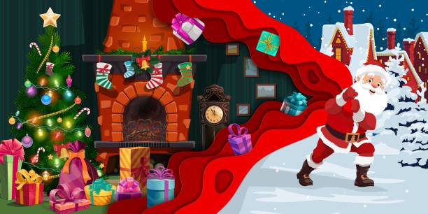 Christmas paper cut cartoon santa with gifts bag. Christmas paper cut cartoon santa with gifts bag. Vector xmas greeting card with father noel wear red costume pull sack with home interior, fireplace, tree and gifts inside. 3d layered effect eve art christmas fireplace scene cartoons stock illustrations