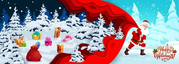 Vector illustration of Christmas paper cut banner gifts on snow, santa