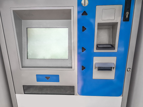 City transport ticket vending machine or ATM mockup with blank copy space on screen. Modern self service technology with empty display