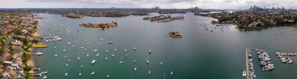 Panoramic aerial drone view of Parramatta River on Sydney Harbour, NSW showing Snapper Island and Cockatoo Island stock photo