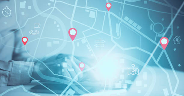 istock Man using laptop with virtual world and model map with location point , GPS app, icon Travel maps and find places in the online system, all screen graphics are generated,Searching for travel. 1449779007