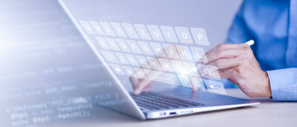 istock Email concept with laptop spam and virus computer monitor internet security concept, Businessman touch keyboard security icon mail, Spam, junk and e-marketing on screen, Spam Email Pop-up Warning 1449779026