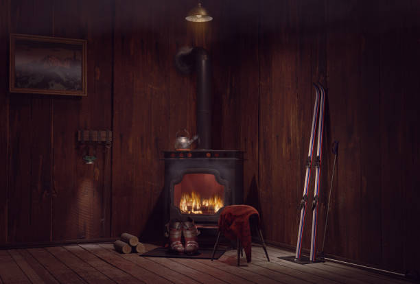 Lit fireplace in the mountain lodge.