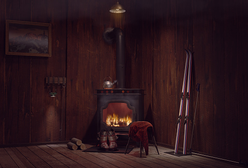 Foggy vintage  interior 1970 still life skiing scene. Skiing equipment surrounding the smoking cast iron stove to dry after a skiing day. 3d rendering.