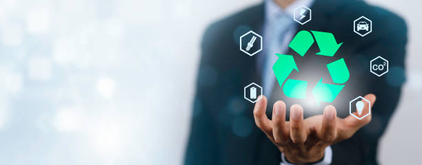 istock Businessman with global network connection with virtual modern reduce CO2 emission concept with icons, global warming emissions carbon footprint climate change to limit global warming, energy 1449779139
