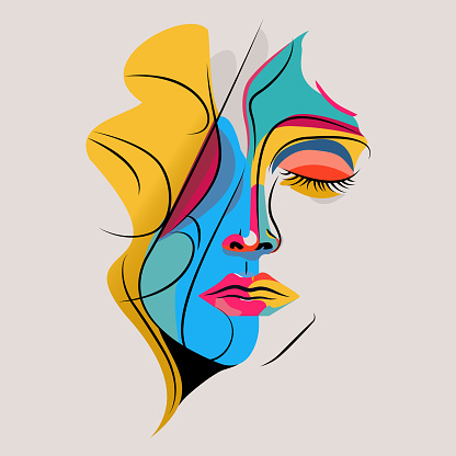 A colorful female portait illustration hand drawn on a tablet and includes strokes for easier modifications