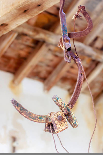 Weathered and rusty iron hook and the cables of a scale with patina and in an abandoned mine building, with plastered walls and ceiling trusses or beams in the background, Mazarron, Spain