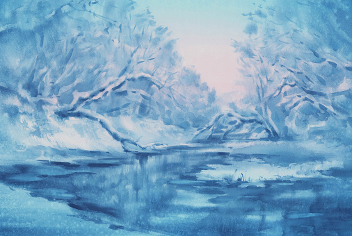Forest trees by the river in blue twilight watercolor background. Chritmas illustration