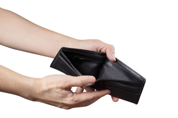 istock Empty black wallet in male hands on white 1449782025