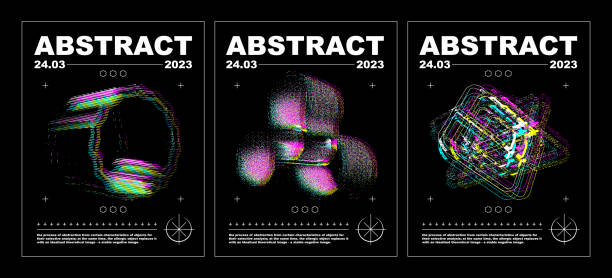 Glitch posters in techno style with abstract geometric shapes. With stereo effect, prints for T-shirts and hoodies. Isolated on black background Glitch posters in techno style with abstract geometric shapes. With stereo effect, prints for T-shirts and hoodies. Isolated on black background techno music stock illustrations