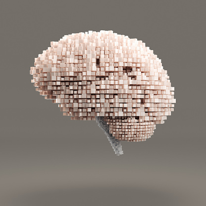 Futuristic data brain made of translucent cubes, 3d render.