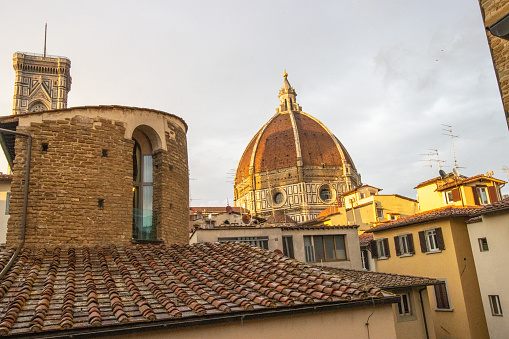 Duomo (Metropolitan Cathedral Basilica of Santa Maria del Fiore) at Tuscany in Florence, Italy. It was begun in 1296 and completed in 1436. The design of the dome was engineered by Brunelleschi.