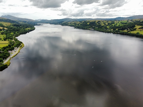 A drone photo of Bala lake in Wales, also known as Llyn Tegid
