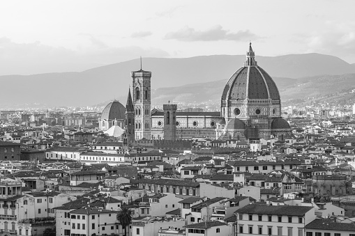 Duomo (Metropolitan Cathedral Basilica of Santa Maria del Fiore) at Tuscany in Florence, Italy. It was begun in 1296 and completed in 1436. The design of the dome was engineered by Brunelleschi.