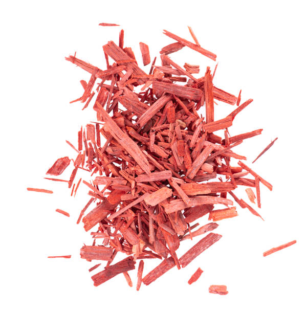 Red Sandalwood incense chips, isolated on white background. Sanderswood, rubywood or red saunders. Top view.
