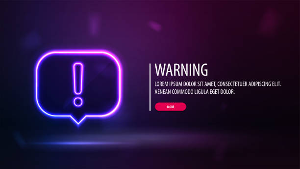 istock Purple poster with neon warning logo and title with button on blurred background. 1449791039